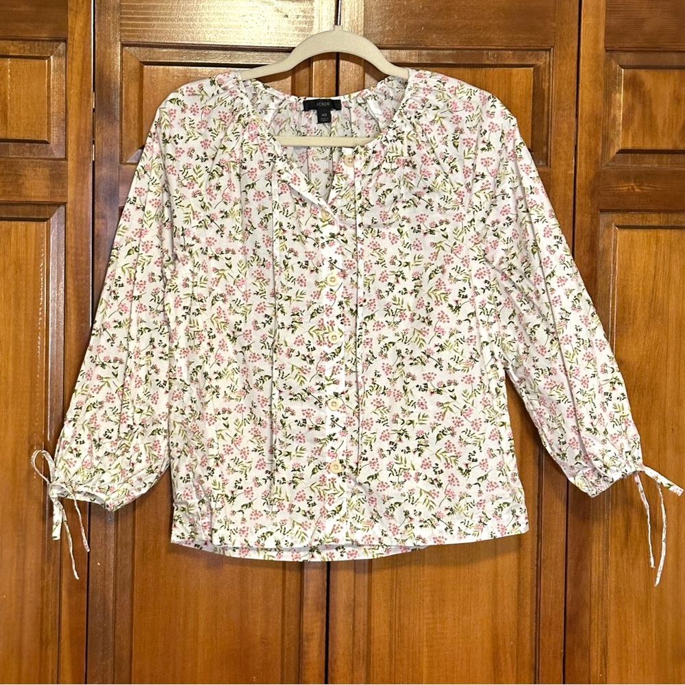J Crew Tie-Sleeve Button-Front Cotton Poplin Top in Meadow Floral Extra Small